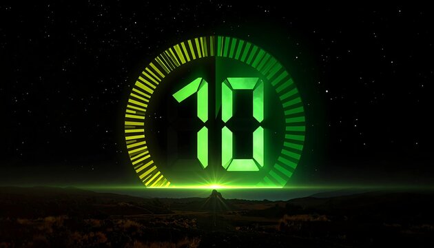 Glowing countdown timer displaying "10" against a dark starry sky over a mountain range. Digital display glows