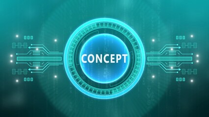 Teal digital abstract background with circuit patterns and the word CONCEPT in a central glowing circle