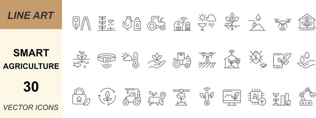 Smart Agriculture vector icon set with minimal line art designs of farming, crops, irrigation, drones, sensors, robotics, and sustainability. Perfect for apps, web, aggrotech, and UI projects.
