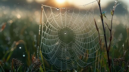 Spiderweb with dew drops in morning light