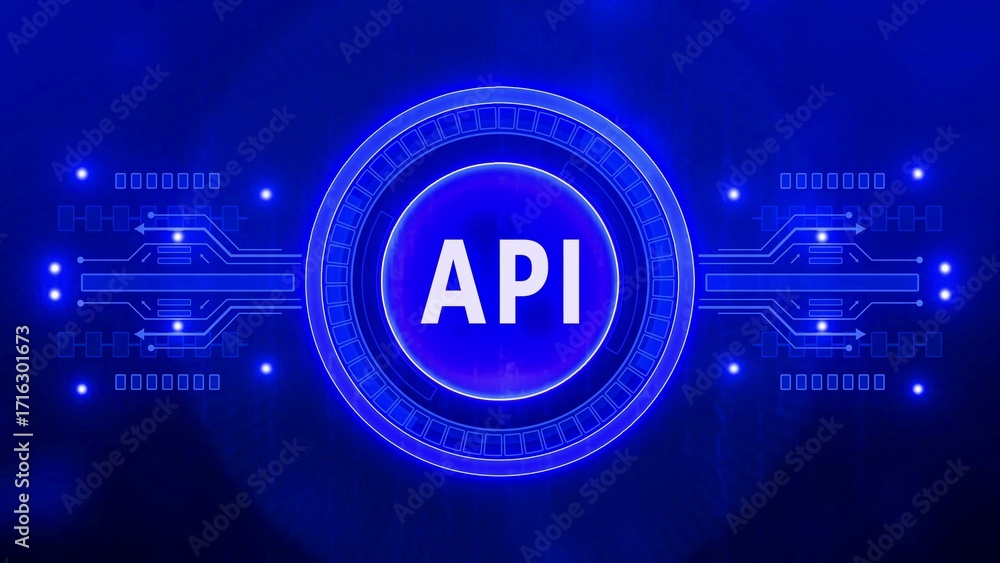 Poster digital api interface with glowing blue circuit board elements and central glowing circle applicatio