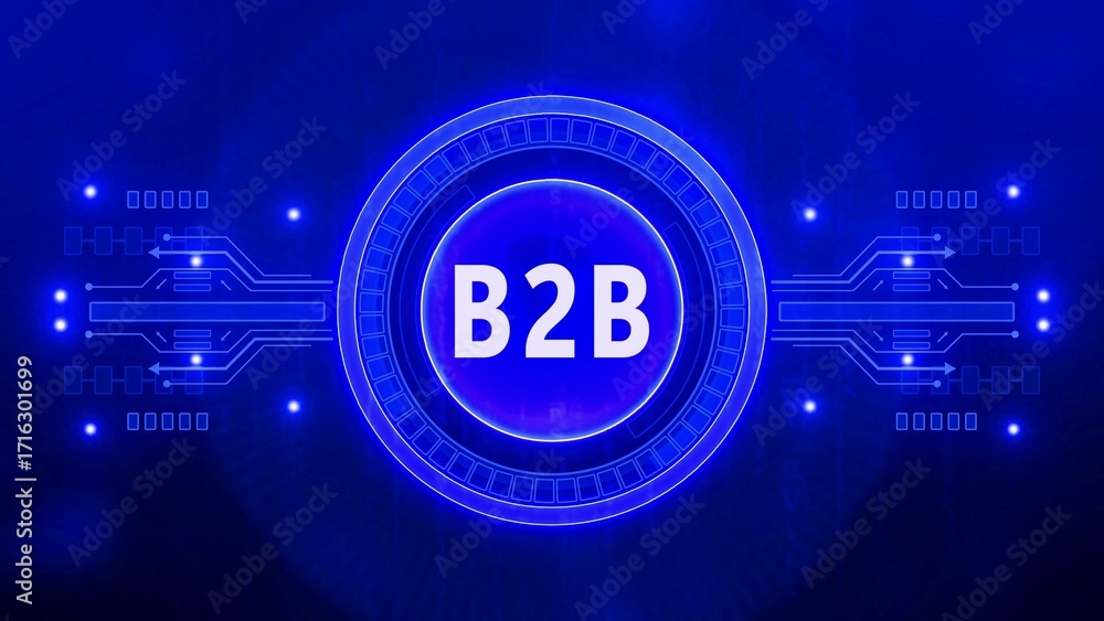 Poster b2 b digital network connection concept with glowing blue circuits and text business to business tec