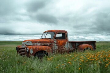 Rusty old truck sits in a grassy field under a cloudy sky.