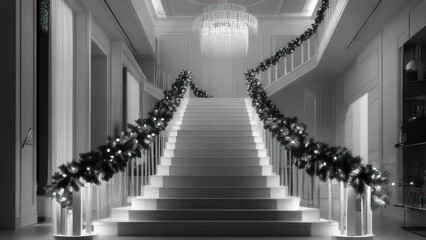 Staircase decorated with garland and lights