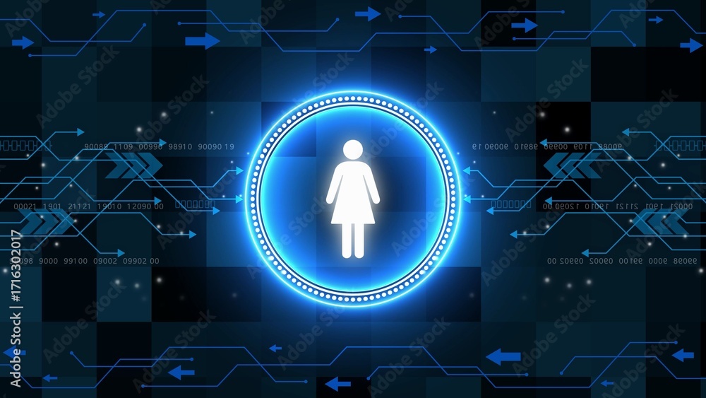 Poster glowing blue female icon on a digital circuit board background with binary code and arrows woman sym