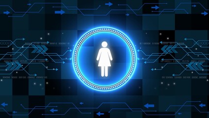 Glowing blue female icon on a digital circuit board background with binary code and arrows woman symbol