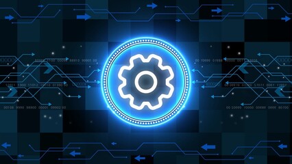 Glowing blue circle with gear icon on digital circuit background technology industry