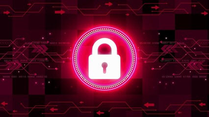 Digital padlock icon with glowing pink neon circle on abstract circuit board background with binary code