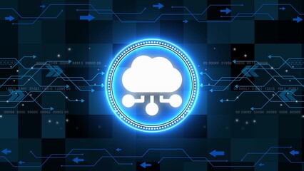 Cloud computing icon with glowing blue neon circle on abstract circuit board background with binary code