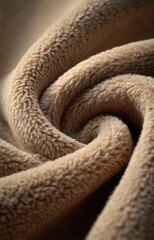 Close-up of a soft, light brown fabric swirled into a spiral, showcasing its texture and plushness.  The lighting emphasizes the subtle variations in tone