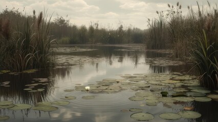 Still lake with lily pads and reeds