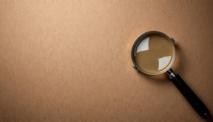 Examining details with a magnifying glass on brown paper background still life minimalist close-up perspective