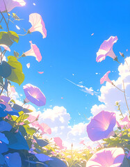 A bright color blue sky with morning glories
