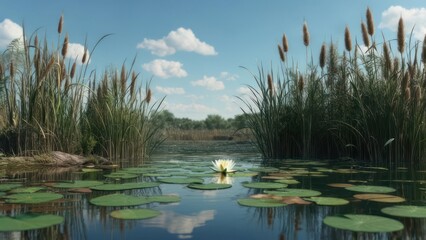 Still water pond with lily pad and cattails