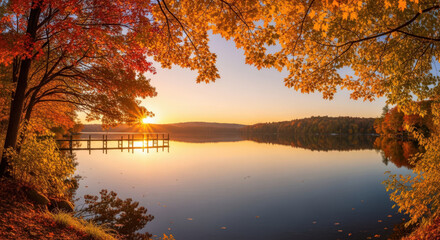 Obraz premium Autumn Serenity A Lakeside Sunset Scene with Vibrant Foliage and Reflections on Calm Waters A Tranquil Landscape with a Wooden Pier and Distant Hills