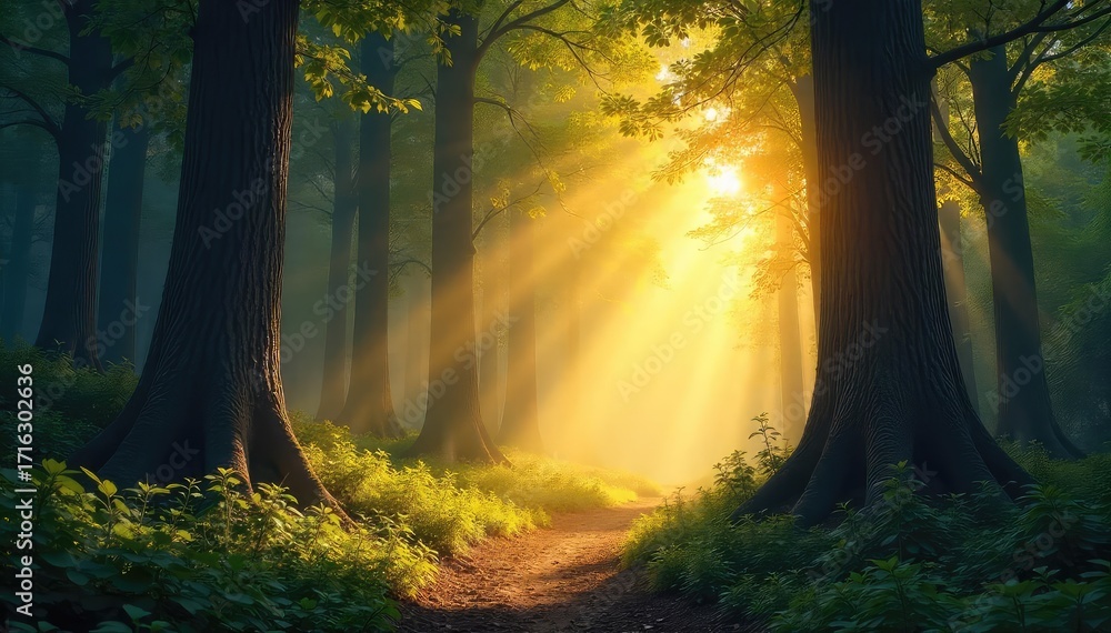 Sticker sunbeams pierce a dense, mystical forest, illuminating a path through towering trees and dappled sha