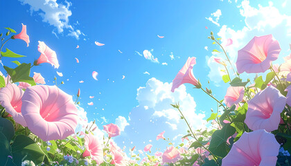 A bright color blue sky with morning glories