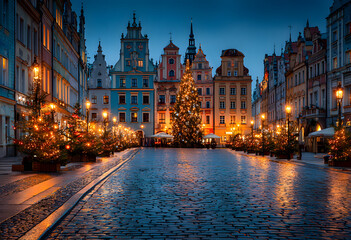 Fototapeta premium Wroclaw, Poland, Christmas market square and illuminated Christmas tree in the center of old city. New Year ambiance, illuminated and ornamented festive city. Night scene.