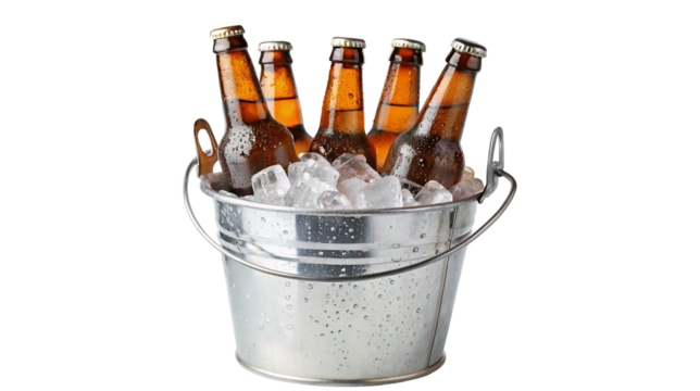 Chilled beer bottles in ice bucket for party or event drinks refreshment and beverage presentation