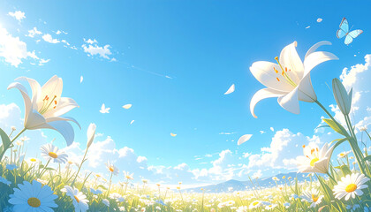 A bright color blue sky with white lilies and daisies