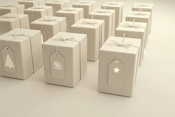 a row of identical light-colored gift boxes with New Year-themed tags
