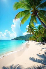Sun-drenched beach scene with vibrant turquoise water, soft sand, and lush palm trees swaying gently in the breeze Perfect for summer vacation, travel, and holiday themes , beautiful, vacation