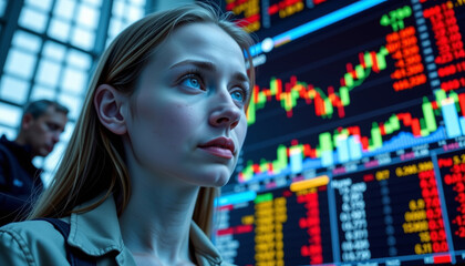 Stock market analysis event featuring businesswoman financial district digital display urban environment close-up view investment insights