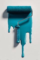 a paint roller dripping turquoise paint onto a white surface
