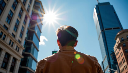 Urban exploration man gazing at skyscrapers city center photography bright sunshine low angle modern architecture
