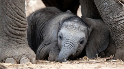 A tender moment of a baby elephant resting under the protective legs of its mother