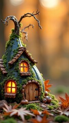 Fototapeta premium Enchanting fairy tale cottage with glowing windows in autumn forest
