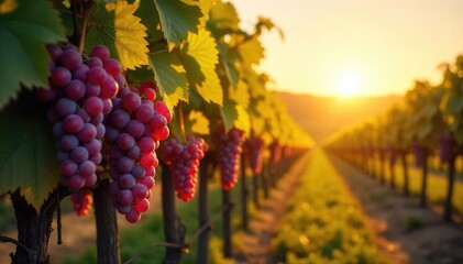 Sun-drenched vineyard during the grape harvest, ripe bunches of grapes hanging heavy on the vines, ready for picking Golden autumn light illuminates the rows of vines , vineyard view, nature