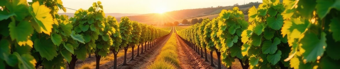 Fototapeta premium Sun-drenched vineyard rows stretching to a distant hillside, lush green vines heavy with ripening grapes, a picturesque winery scene at harvest time , green, rural