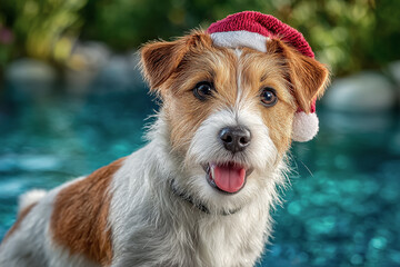 Portrait of a Jack Russell Terrier wearing a Santa hat on a blurred sea background
