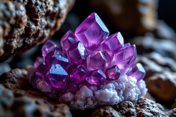 close up of amethyst crystal cluster in cave environment, subtle natural light enhancing deep purple hues, realistic textures and reflections captured in high resolution macro stock photograph.