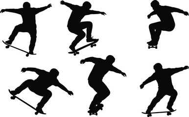 Silhouette of skateboarder performing tricks, extreme skateboarding action, street sport, freestyle movement, urban lifestyle, balance skill, outdoor youth culture, stunt