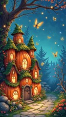 Fototapeta premium Enchanted pumpkin house at night with glowing windows and butterflies in a magical forest