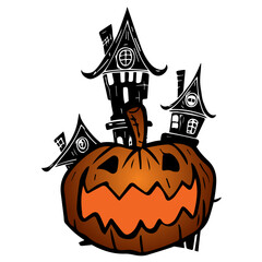 Spooky Handdrawn Pumpkin with Haunted Houses Halloween Holiday Illustration