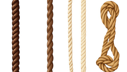 A collection of various types of ropes displayed vertically. different colors and textures. with a focus on their intricate designs and potential uses in crafts. outdoor activities. and construction