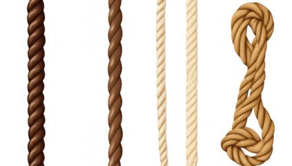 A collection of various types of ropes displayed vertically. different colors and textures. with a focus on their intricate designs and potential uses in crafts. outdoor activities. and construction