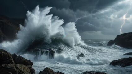 Stormy ocean waves crashing against rocky coast