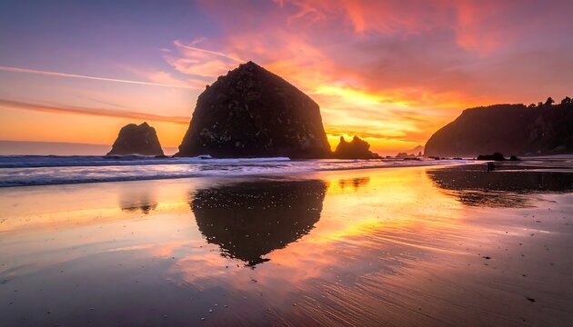 Dramatic sunset over a Pacific Coast beach with rock formations