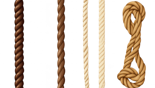 A collection of various types of ropes displayed vertically. different colors and textures. with a focus on their intricate designs and potential uses in crafts. outdoor activities. and construction