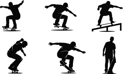 Silhouette of skateboarder performing tricks, extreme sport action, urban lifestyle, skateboarding jump, street culture activity
