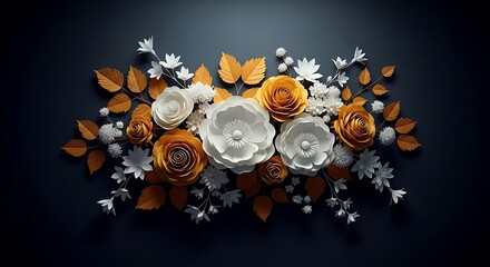 Elegant floral arrangement with white and golden roses, leaves, and a butterfly