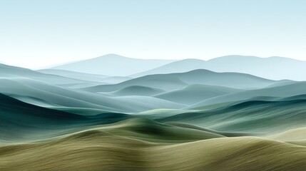 A serene landscape showcasing rolling hills in various shades of green and blue