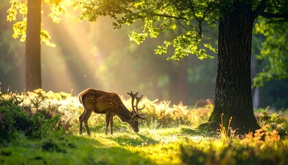 Deer grazing in sunlit forest