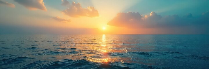 Fototapeta premium Vast, endless ocean stretching to the hazy horizon line, sun reflecting on calm waters Perfect for travel, nature, and serenity themes , sunlight reflection, sea