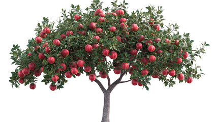A apple tree laden with bright red apples stands against a white background. its lush green leaves. ideal for use in agricultural or botanical themes