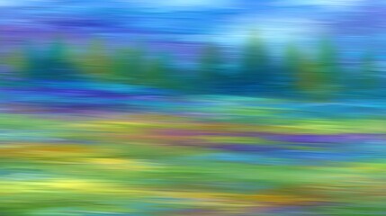 Obraz premium A vibrant, blurred landscape composed of colorful flowers and green foliage, creating a serene and dreamy atmosphere perfect for backgrounds or artistic projects.